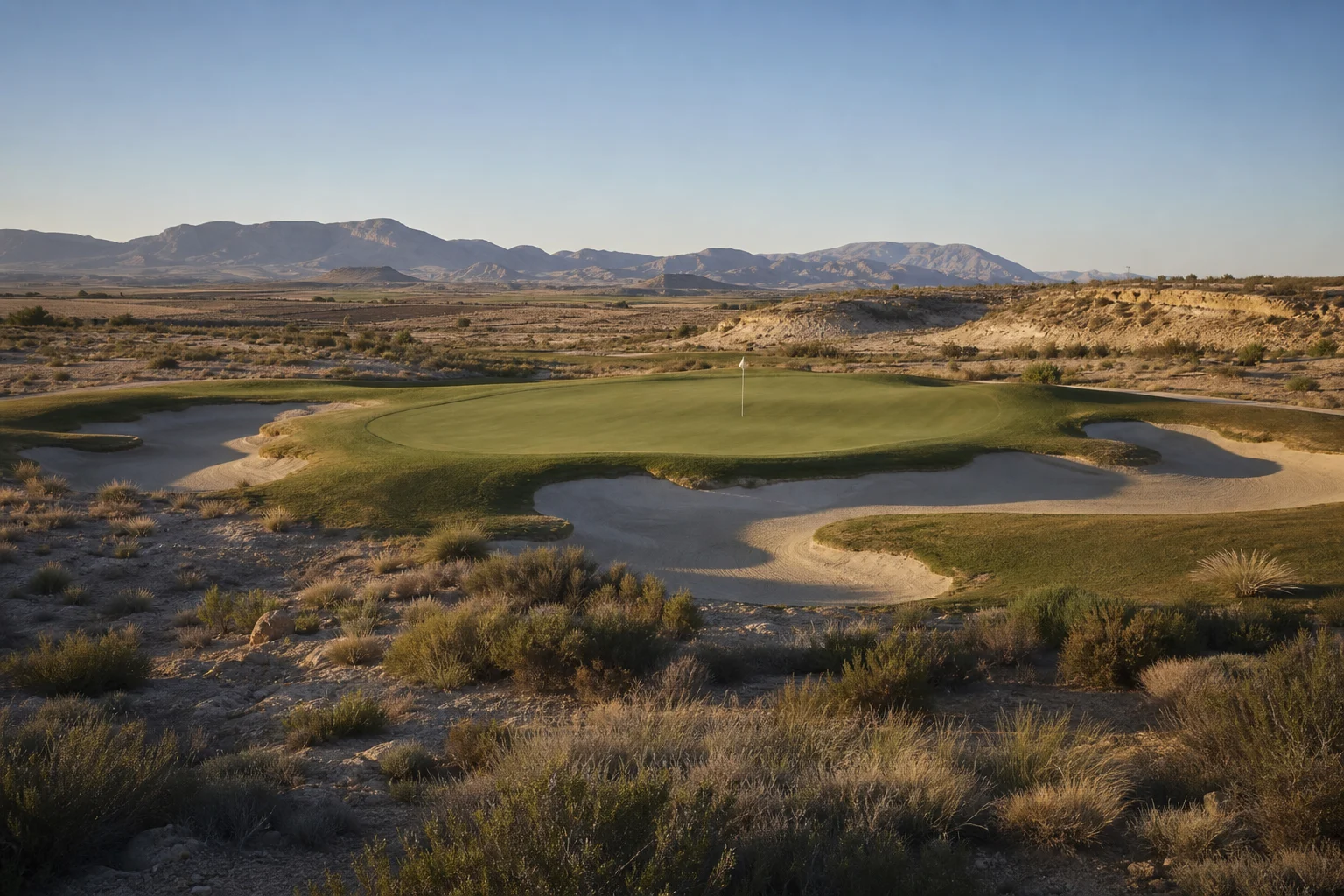 Von Murcias trockener Landschaft inspiriertes Golfgreen mit Bunkern