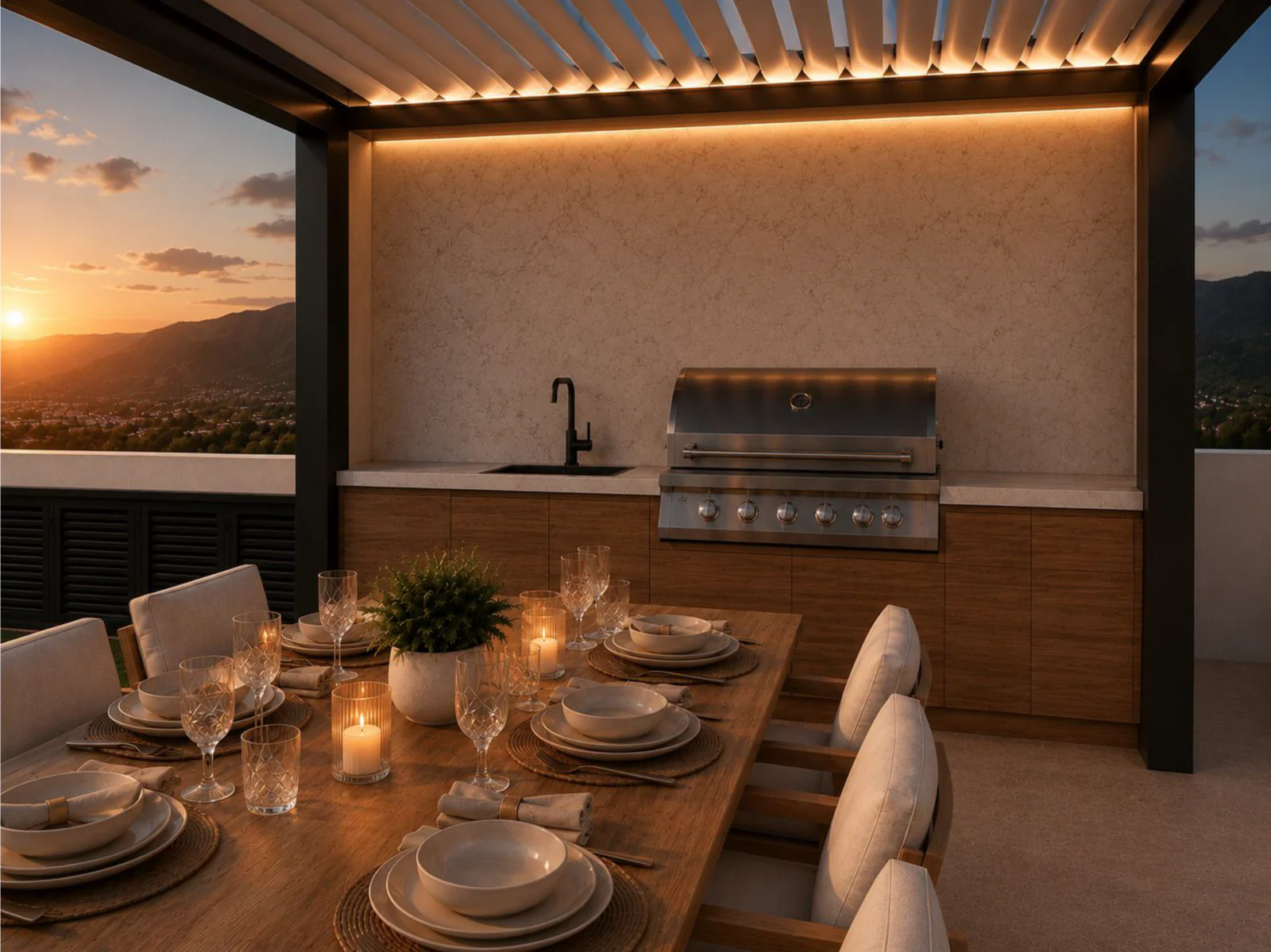 Gedeckte Tafel und Außenküche im warmen Abendlicht
